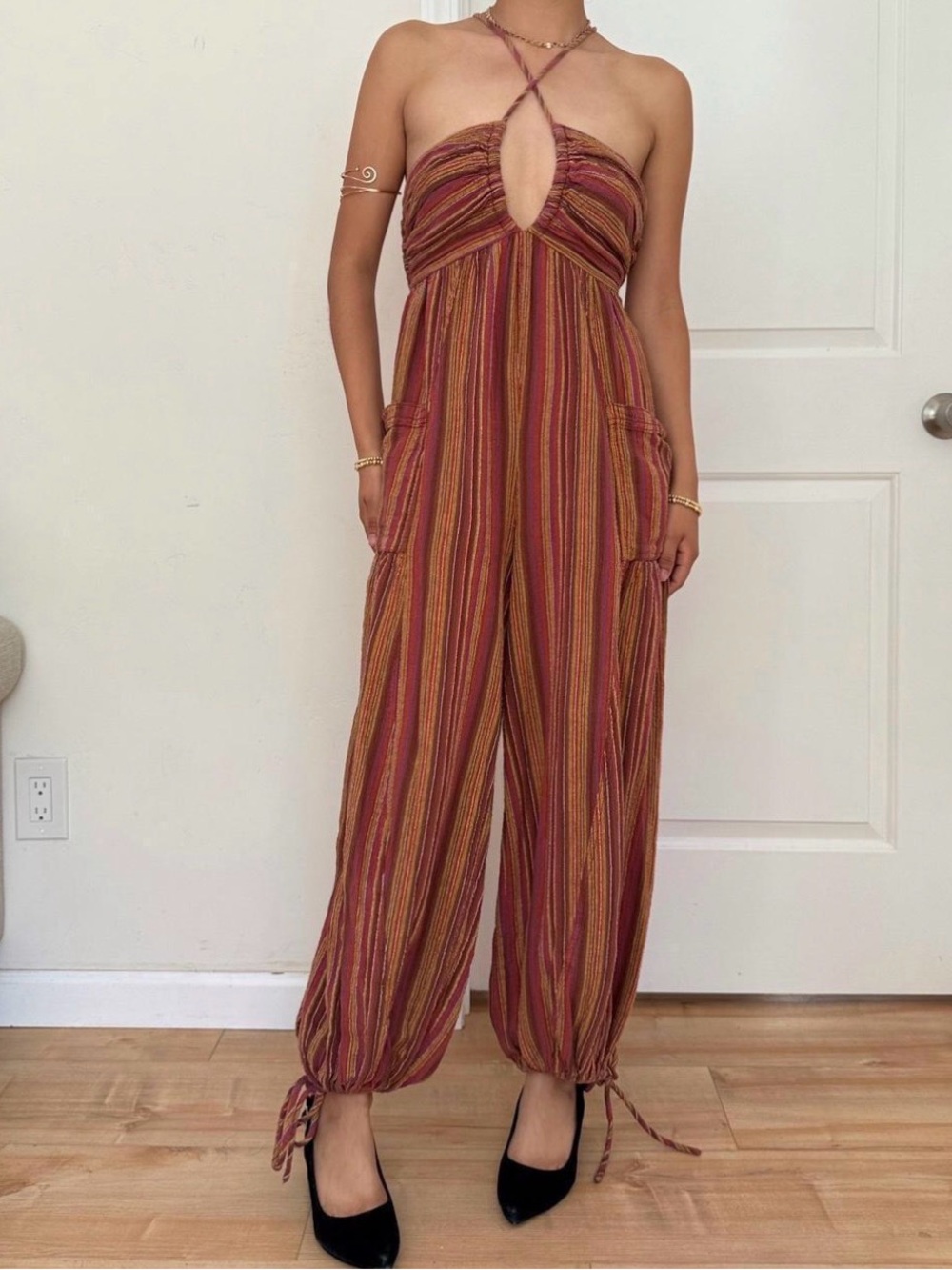 Free People Rust Multi-Stripe Halter Jumpsuit